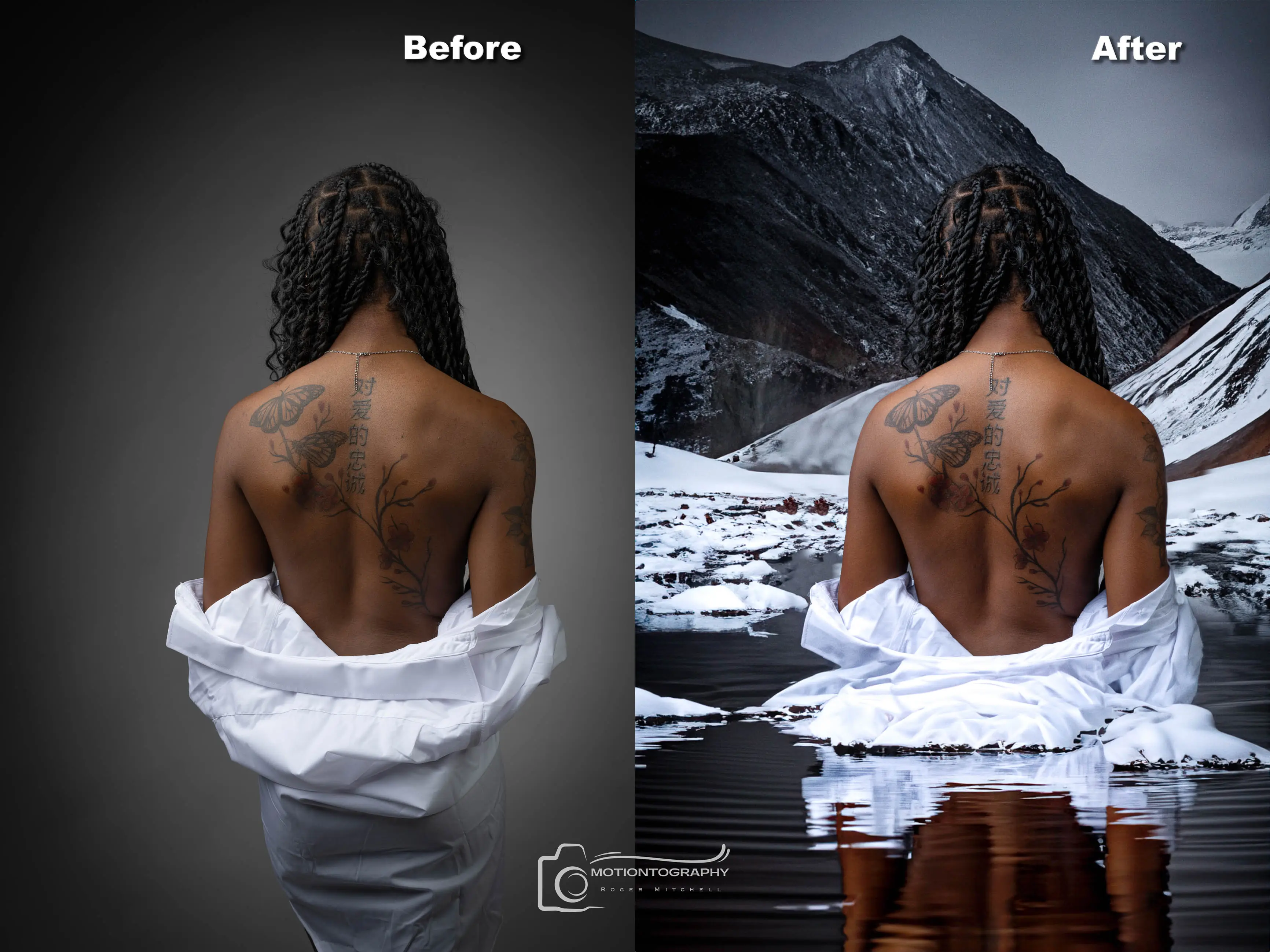 Before after composite photography woman mountain lake