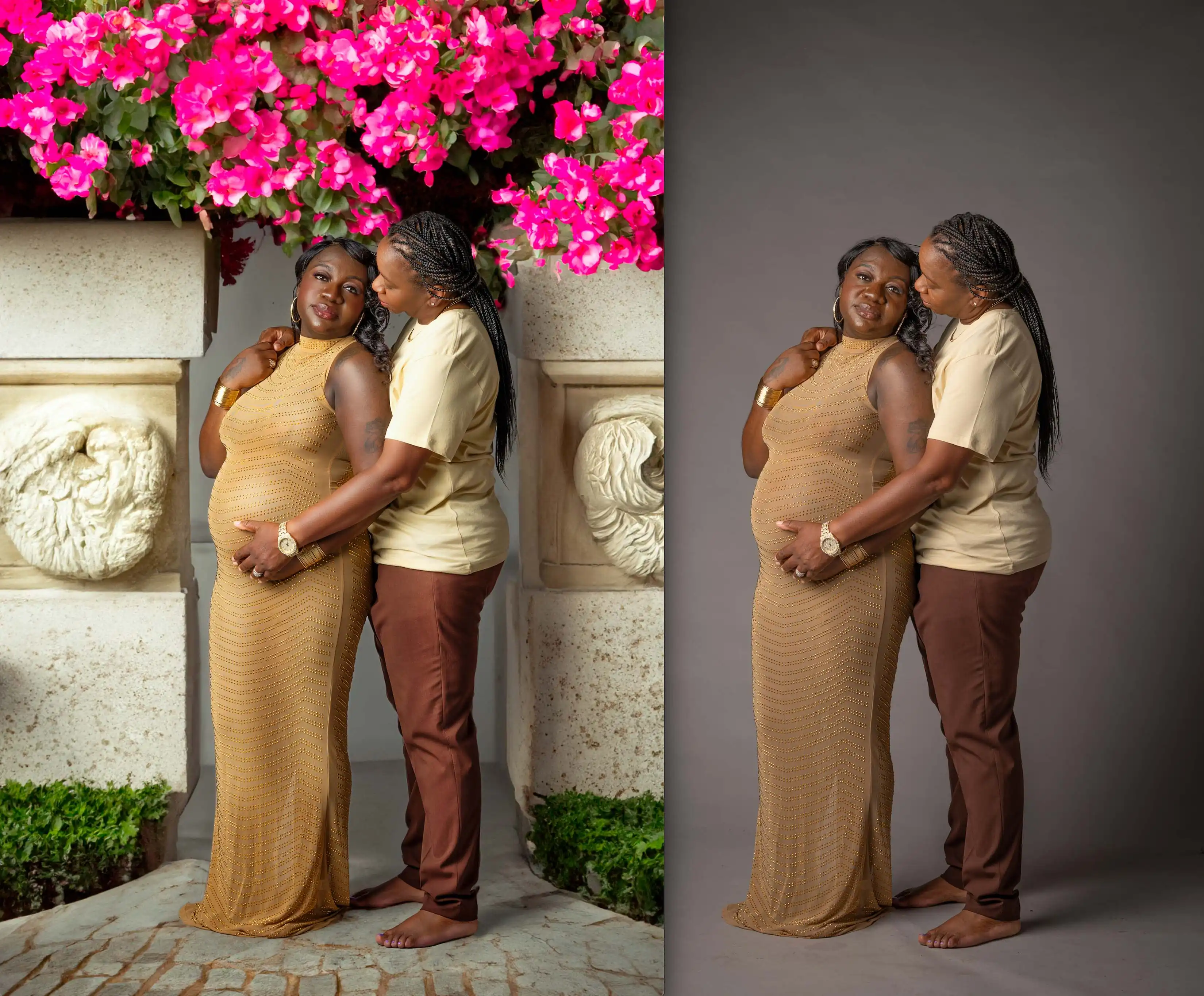 Composite maternity portrait before after