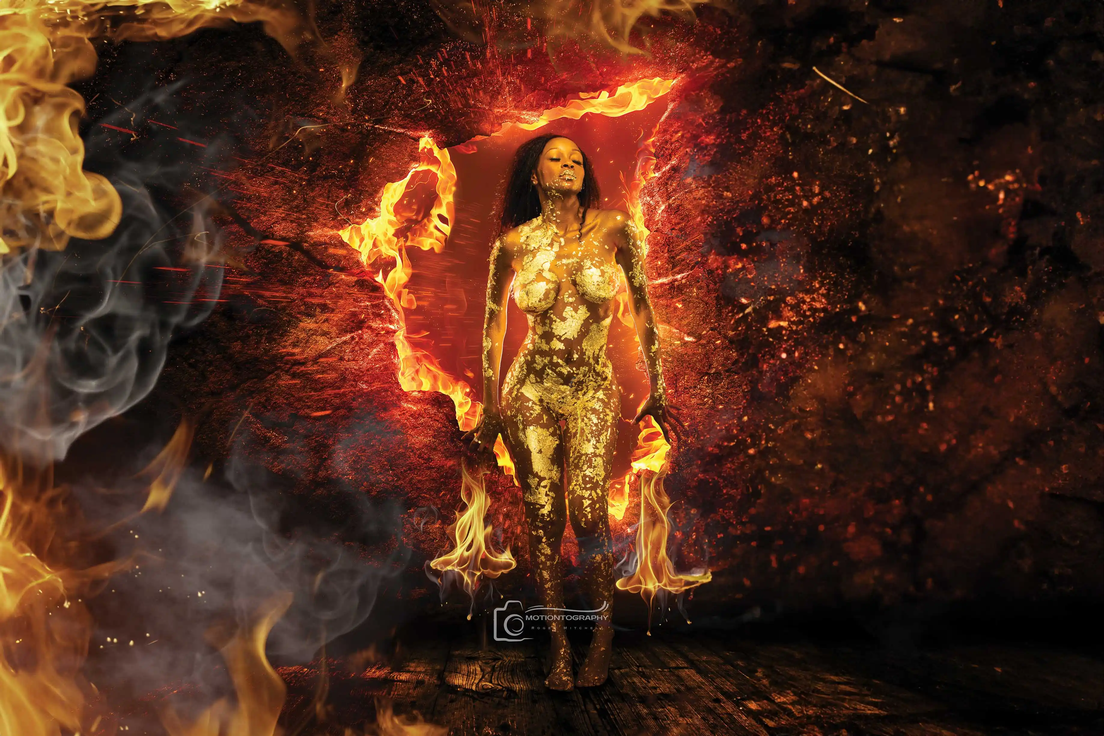 Conceptual composite golden woman fire landscape