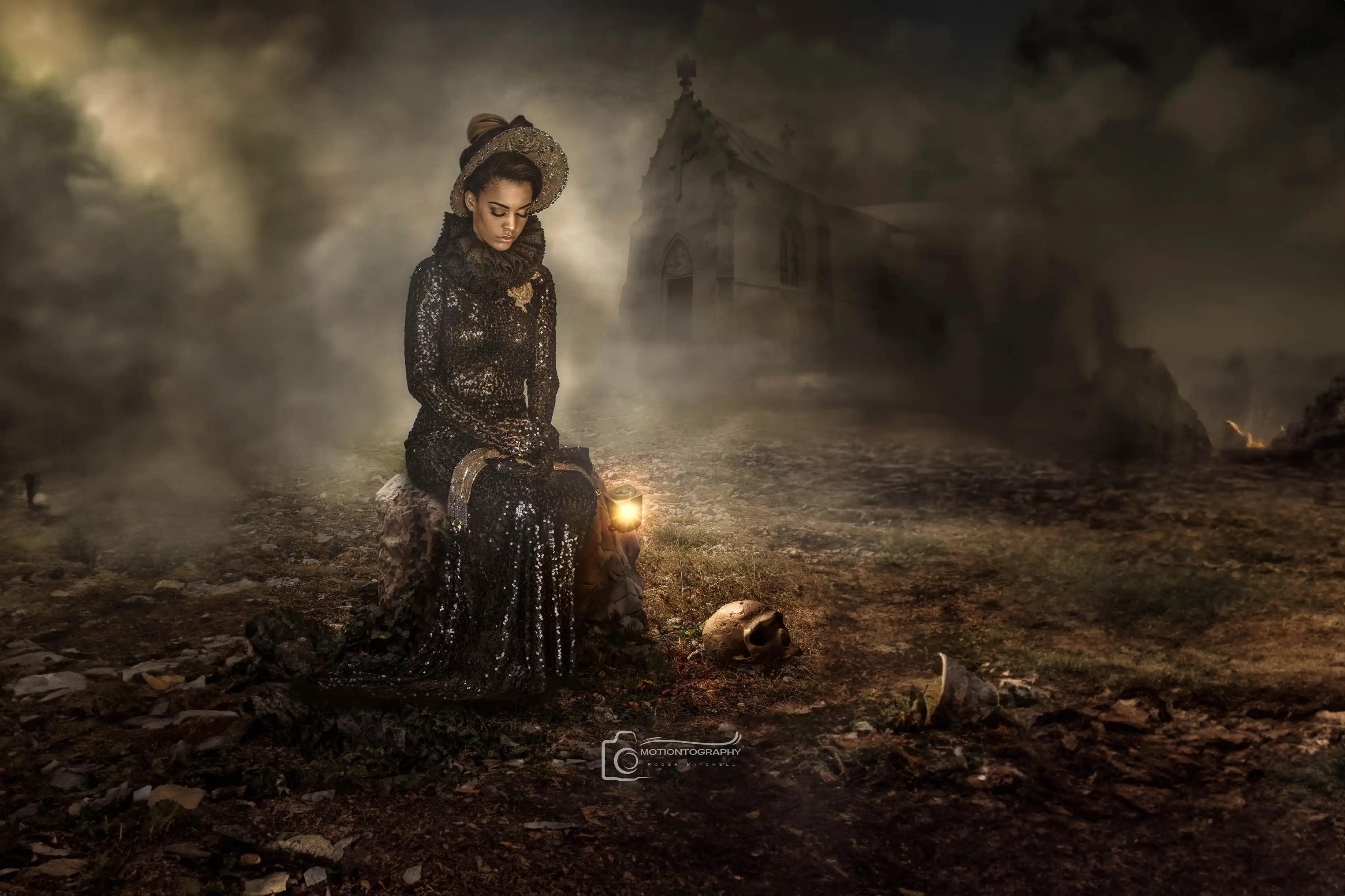 Fantasy composite art gothic woman misty landscape