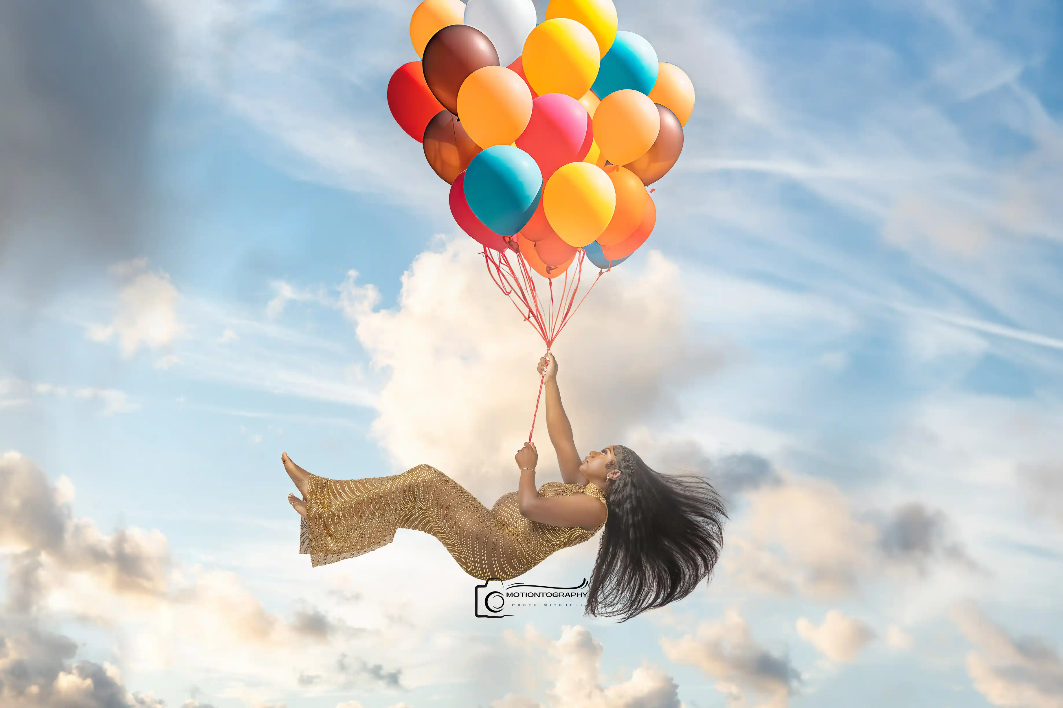Fantasy composite woman floating balloons sky