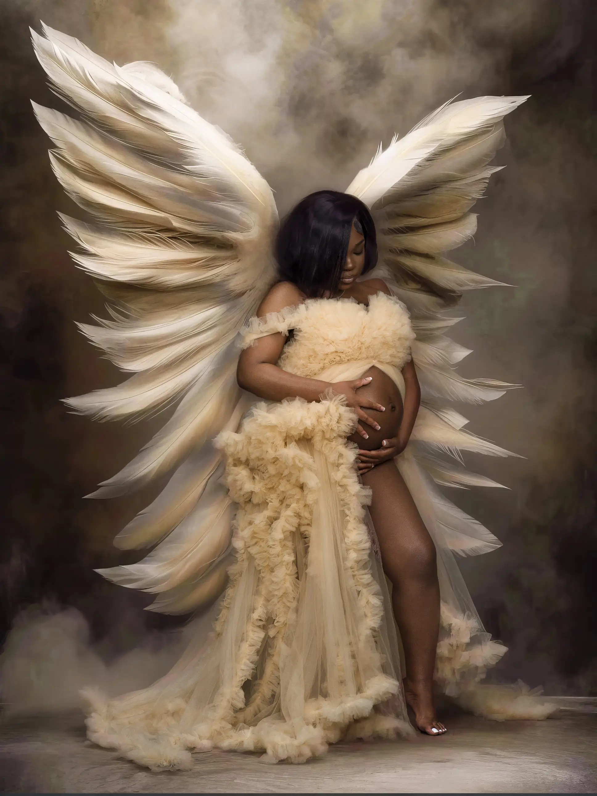 Angelic maternity portrait feather wings golden gown Hampton Roads
