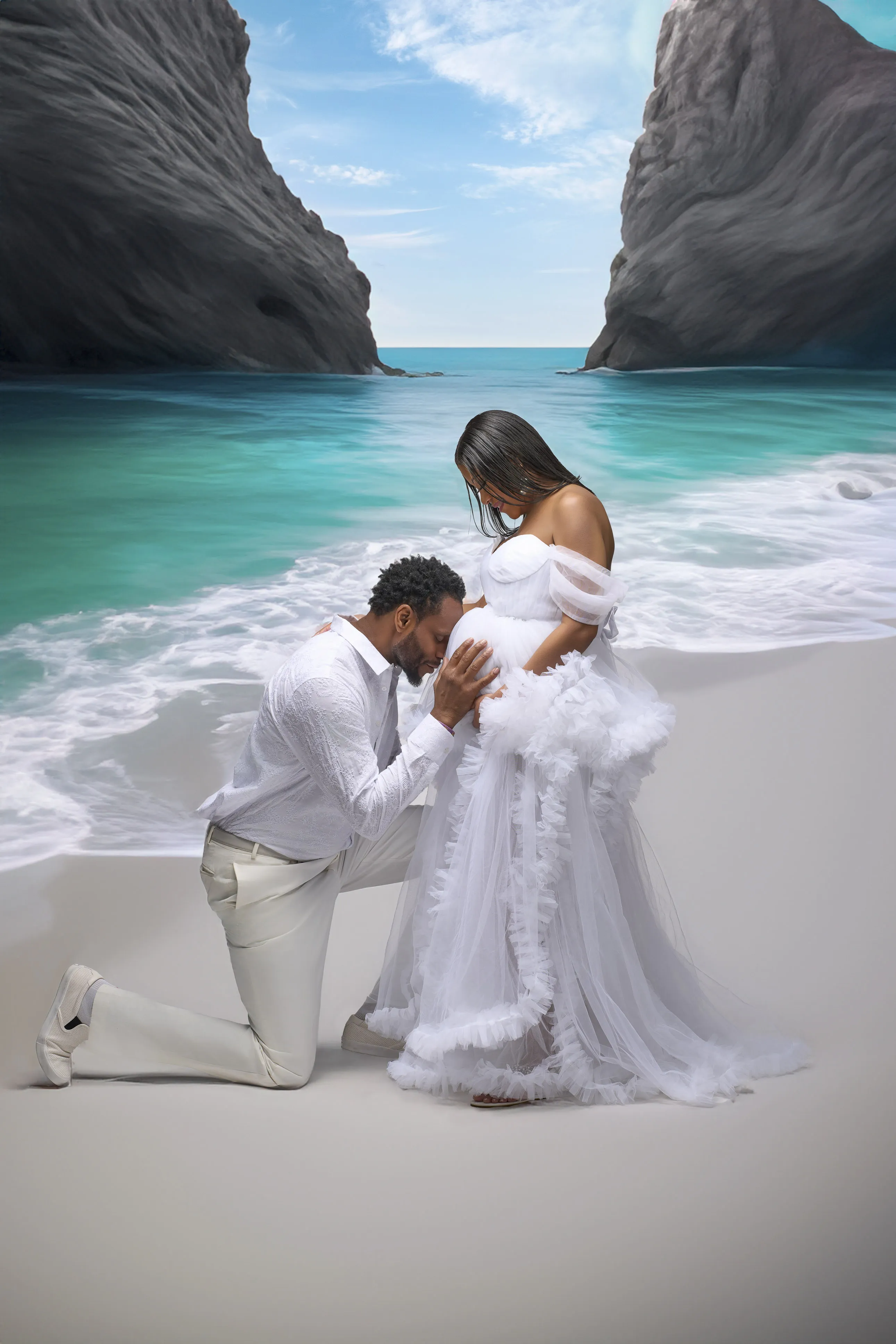 Couple walking on Chesapeake beach maternity session