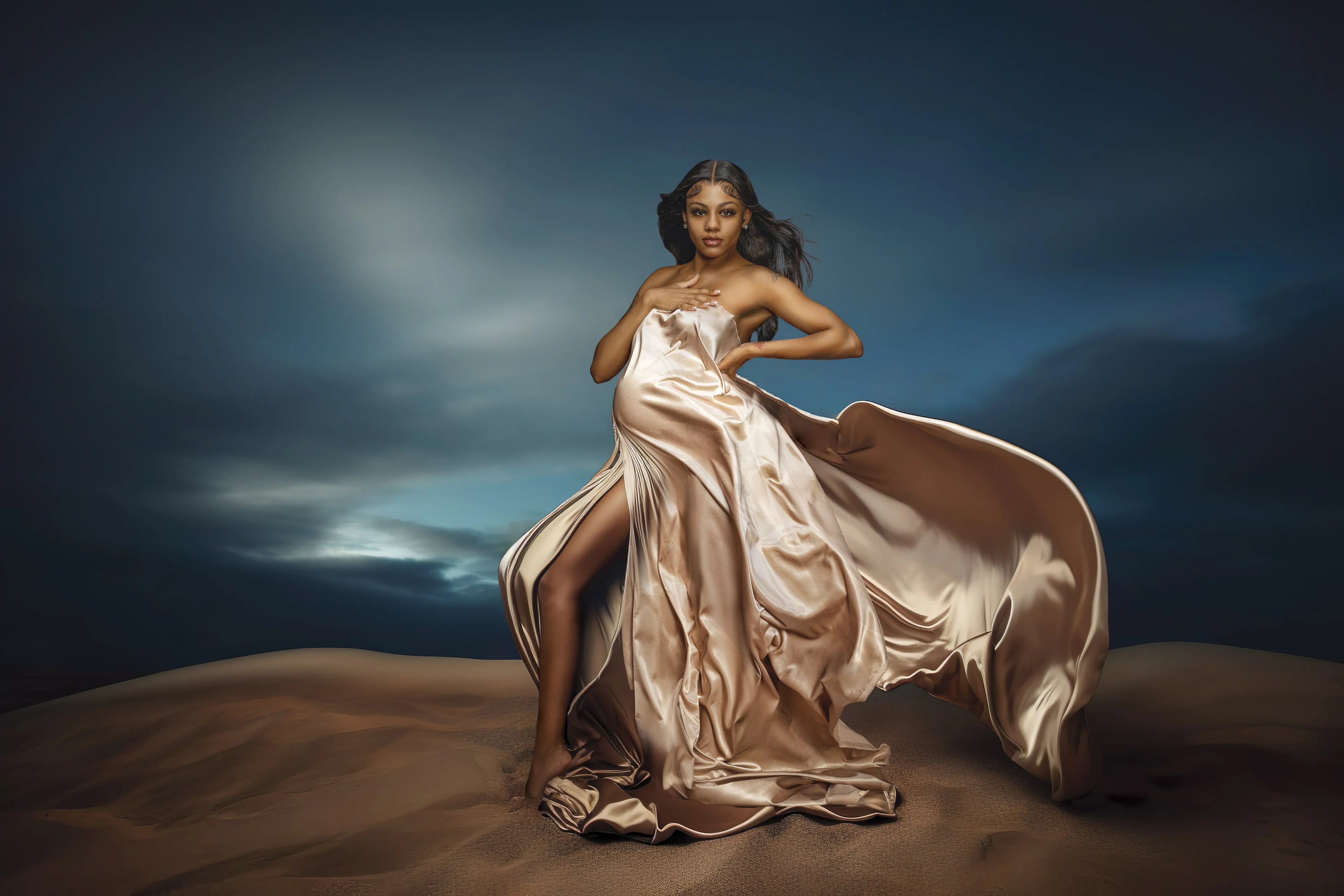 Elegant desert maternity photo satin gown Hampton Roads creative