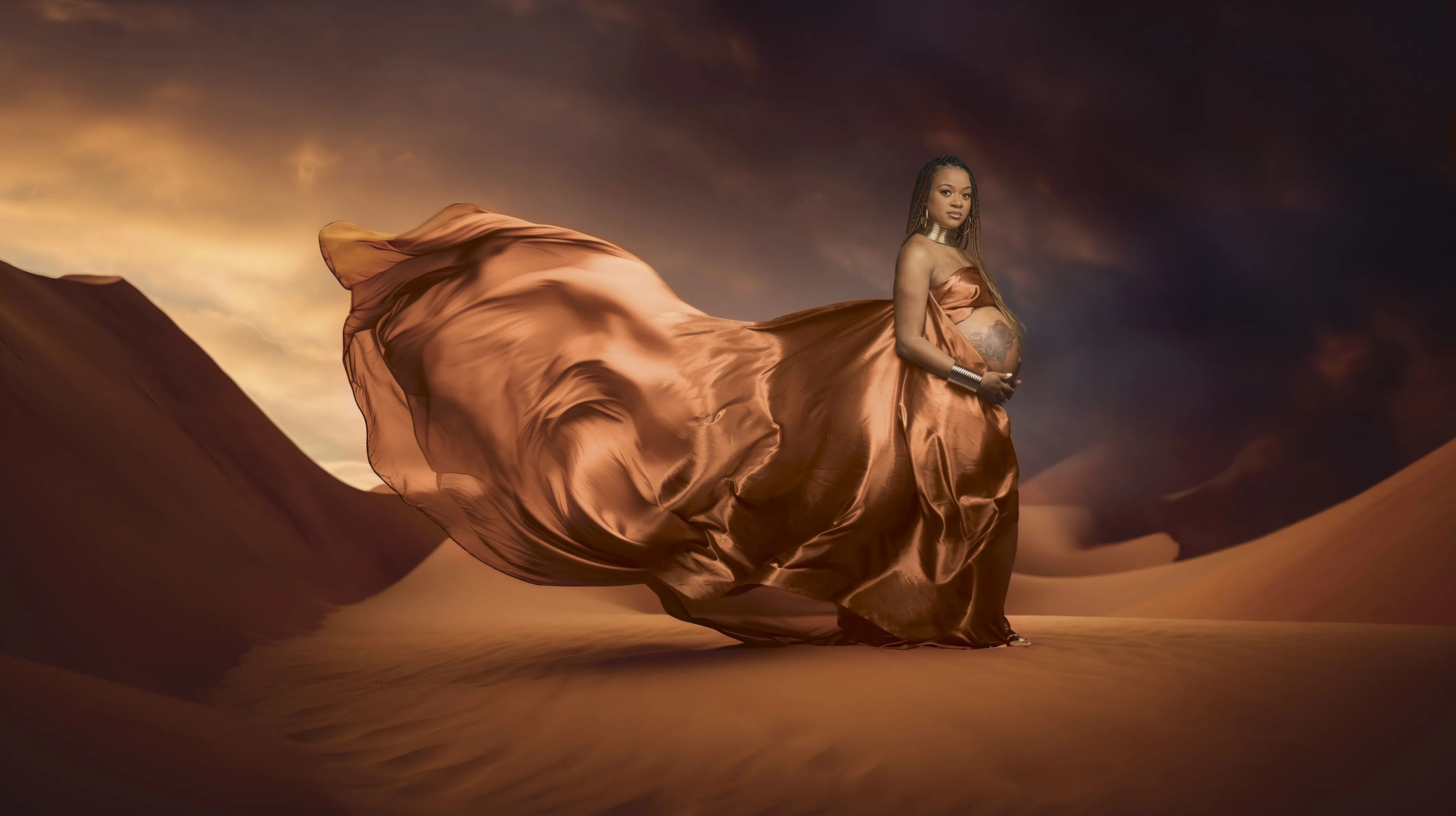 Dramatic sunset maternity photo Desert Queen gown Hampton Roads fine art