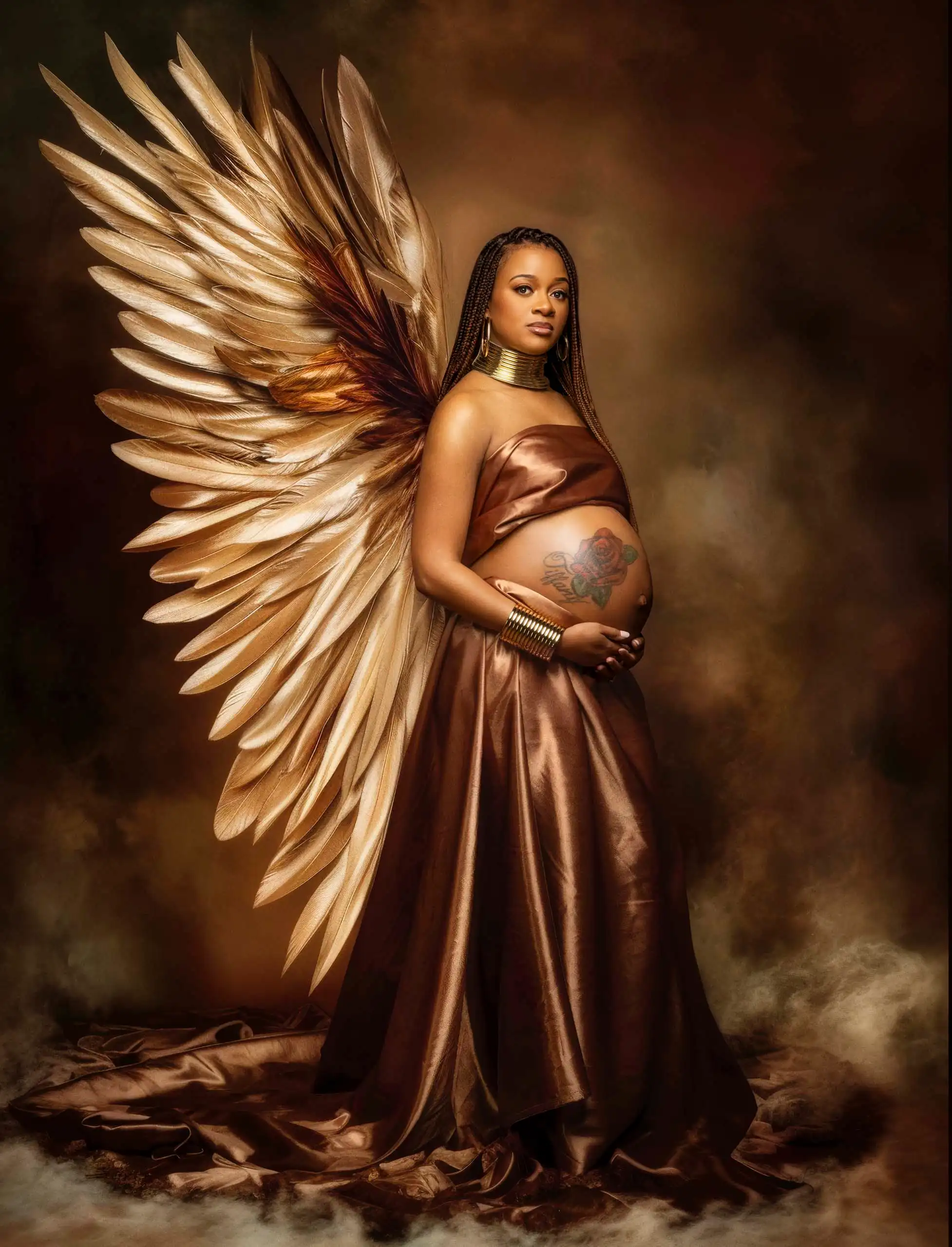 Ethereal maternity portrait with golden wings, Suffolk VA