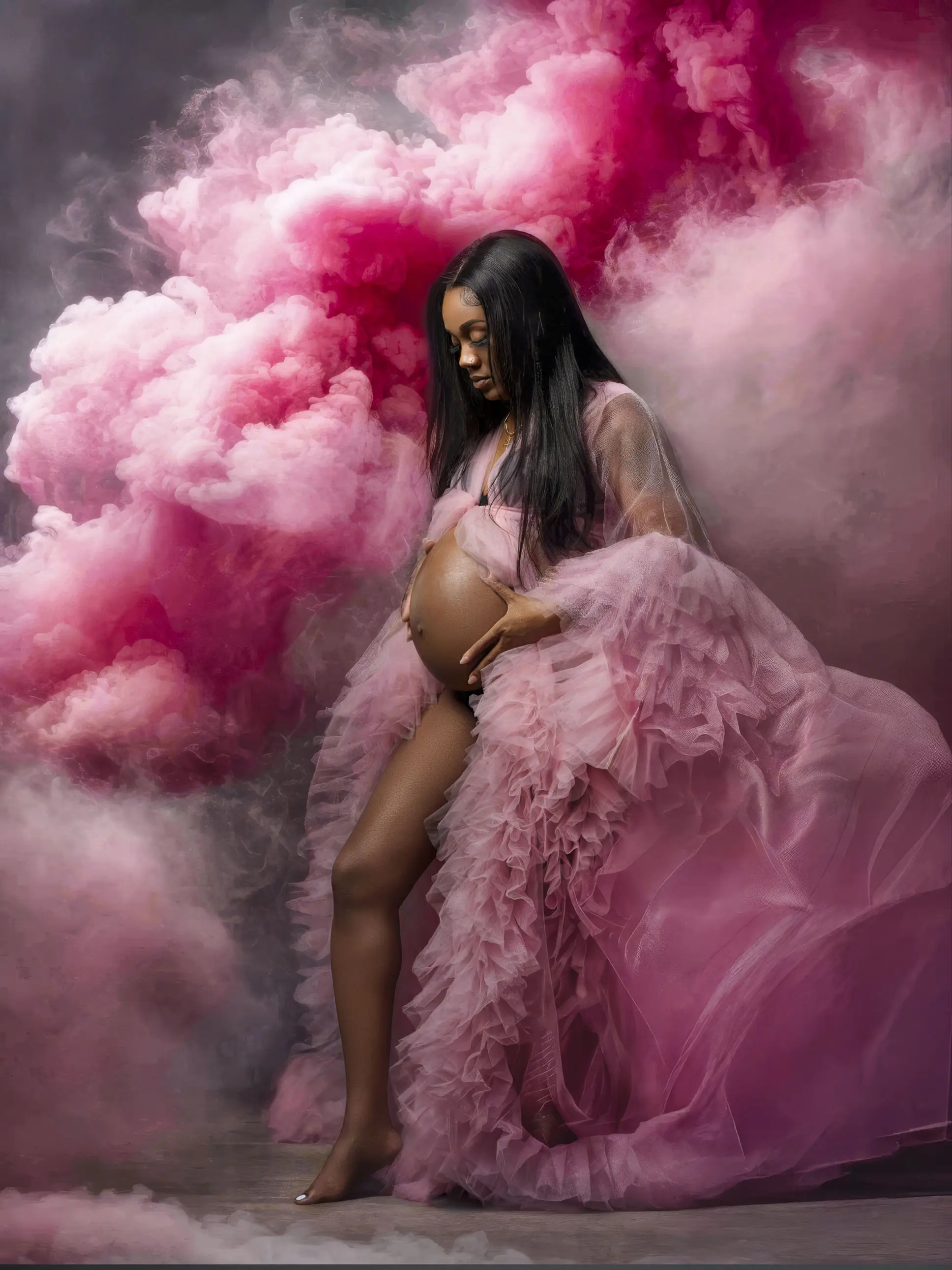 Maternity portrait flowing pink tulle gown smoke Hampton Roads