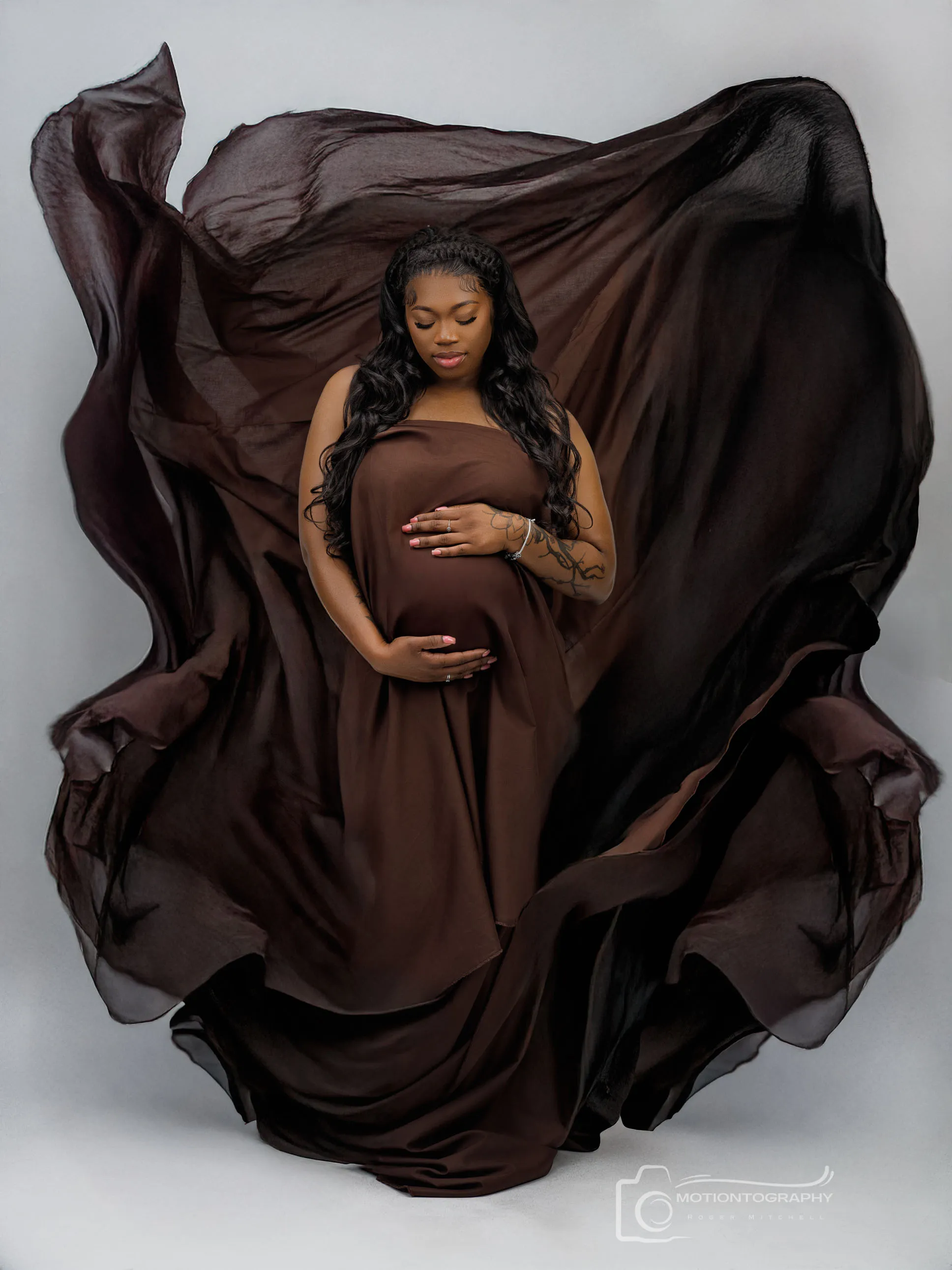 Studio maternity portrait flowing brown gown Suffolk VA fine art