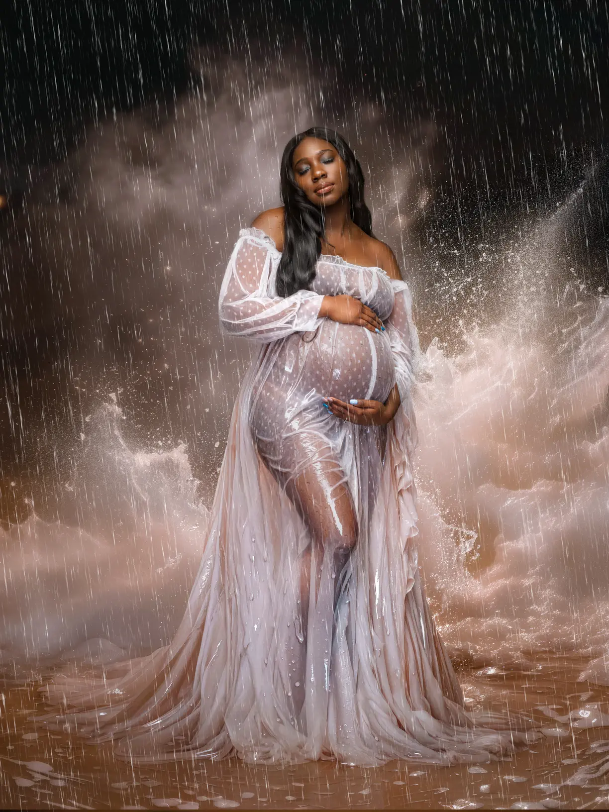 Virginia Beach maternity photographer dramatic rain portrait sheer white gown